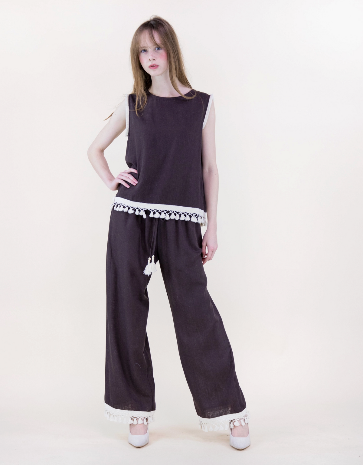 Isla Contrast Tassel Trim Wide Leg Trousers