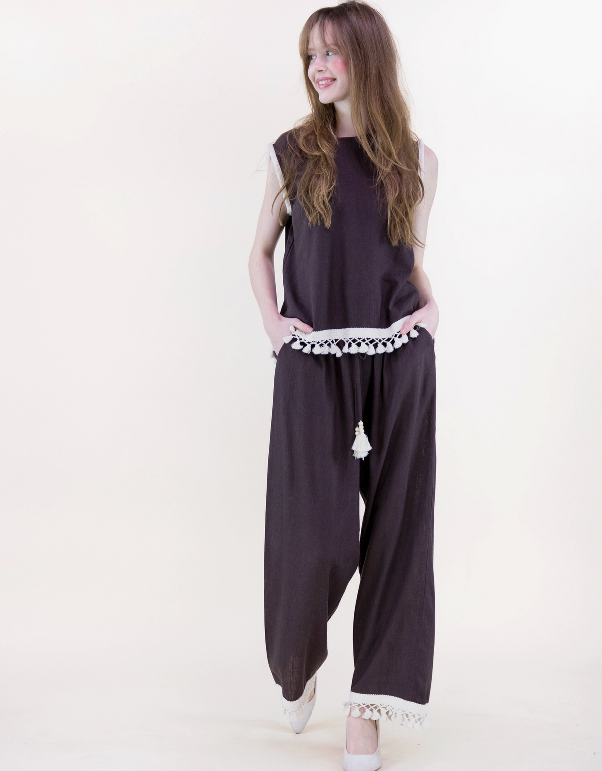 Isla Contrast Tassel Trim Wide Leg Trousers
