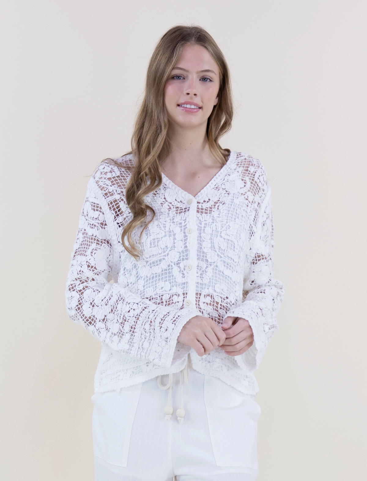 Floral Cotton Crochet Lace V-Neck Button Up Shirt
