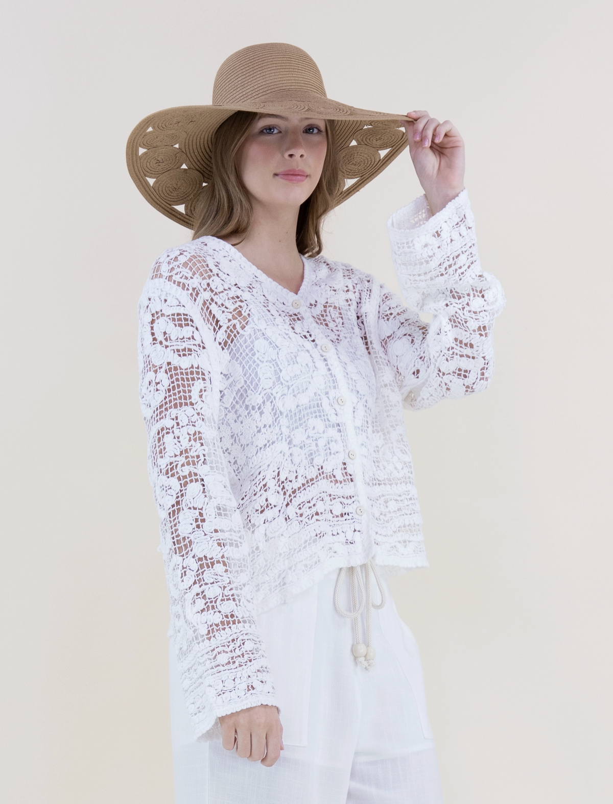 Floral Cotton Crochet Lace V-Neck Button Up Shirt