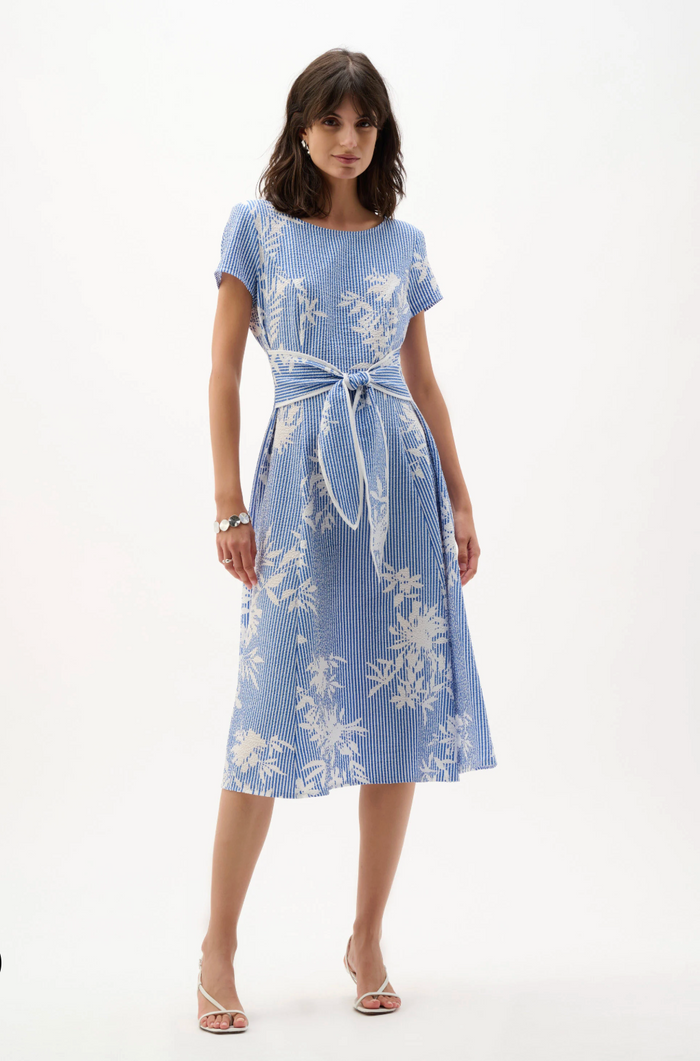 Woven Seersucker Floral Print Fit And Flare Dress