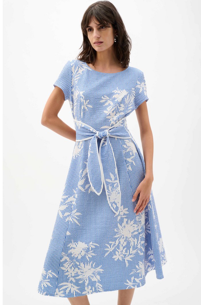 Woven Seersucker Floral Print Fit And Flare Dress