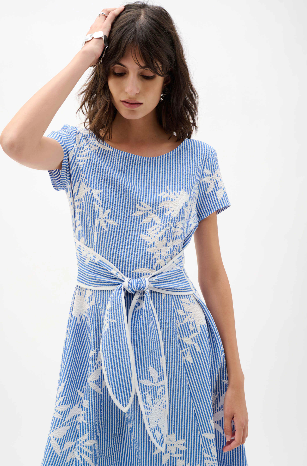 Woven Seersucker Floral Print Fit And Flare Dress