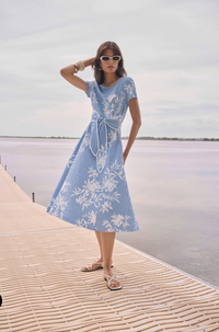 Woven Seersucker Floral Print Fit And Flare Dress