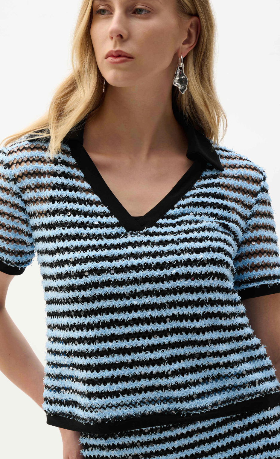 Novelty Stripe Boxy Top With Polo Collar