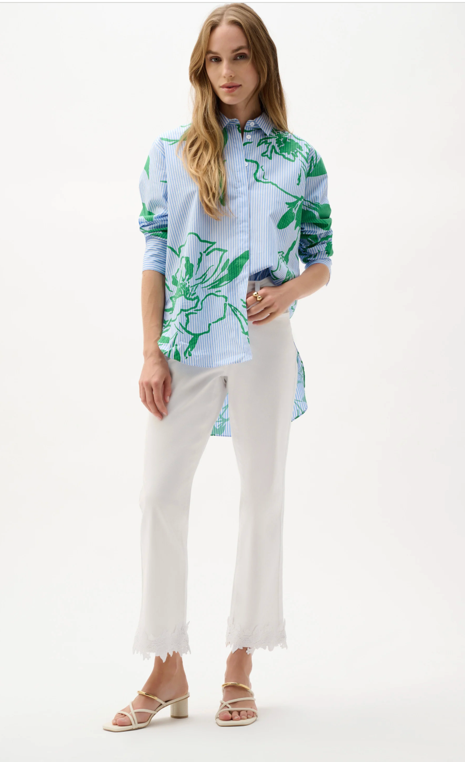Cotton Stripe Floral Print Boxy Blouse