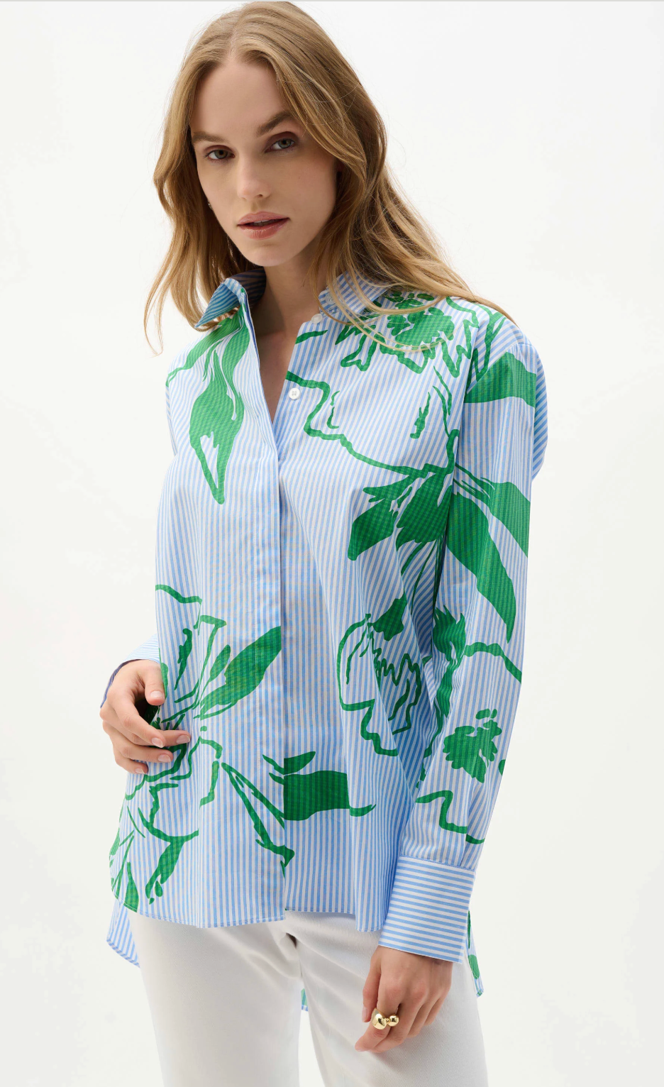 Cotton Stripe Floral Print Boxy Blouse