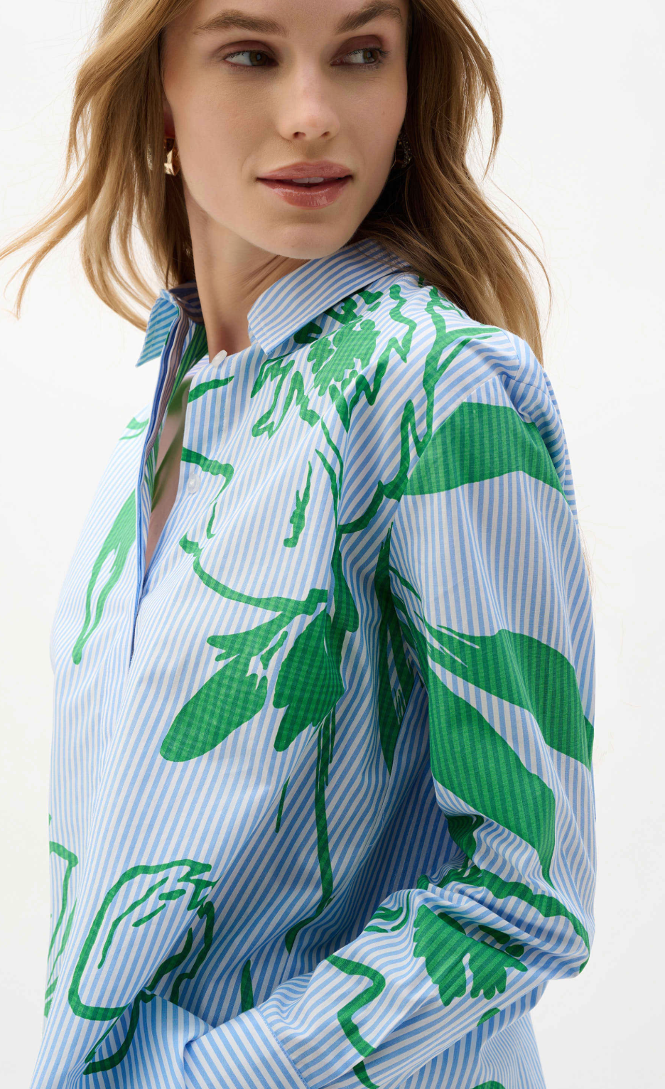 Cotton Stripe Floral Print Boxy Blouse