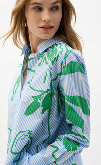 Cotton Stripe Floral Print Boxy Blouse