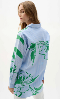 Cotton Stripe Floral Print Boxy Blouse