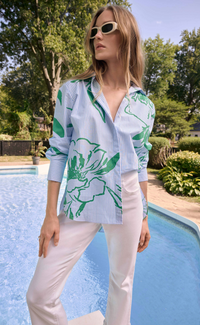 Cotton Stripe Floral Print Boxy Blouse
