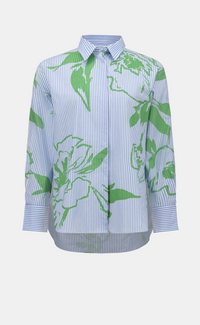 Cotton Stripe Floral Print Boxy Blouse