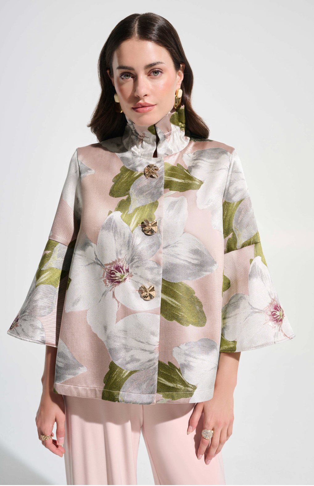 Floral Jacquard Trapeze Jacket With Bell Sleeves