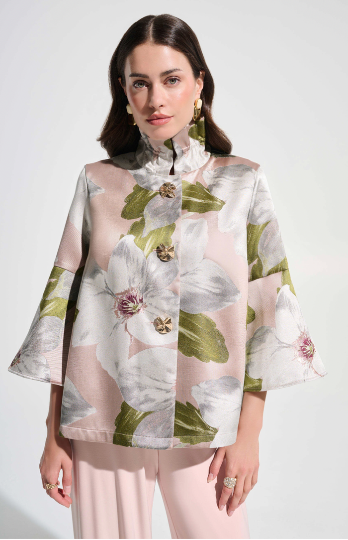 Floral Jacquard Trapeze Jacket With Bell Sleeves