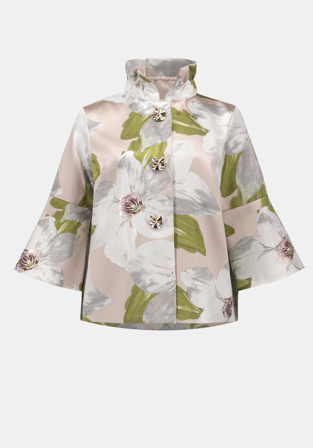 Floral Jacquard Trapeze Jacket With Bell Sleeves