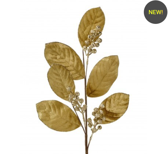 27" VELVET SEQUIN MAGNOLIA LEAF W/BERRY SPRAY
