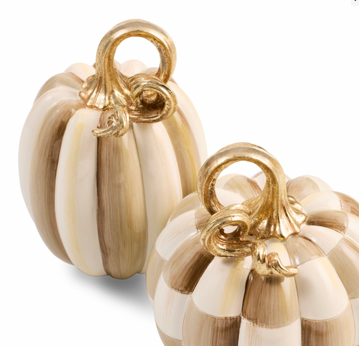 Mocha Check and Stripe Petite Pumpkins, Set of 2