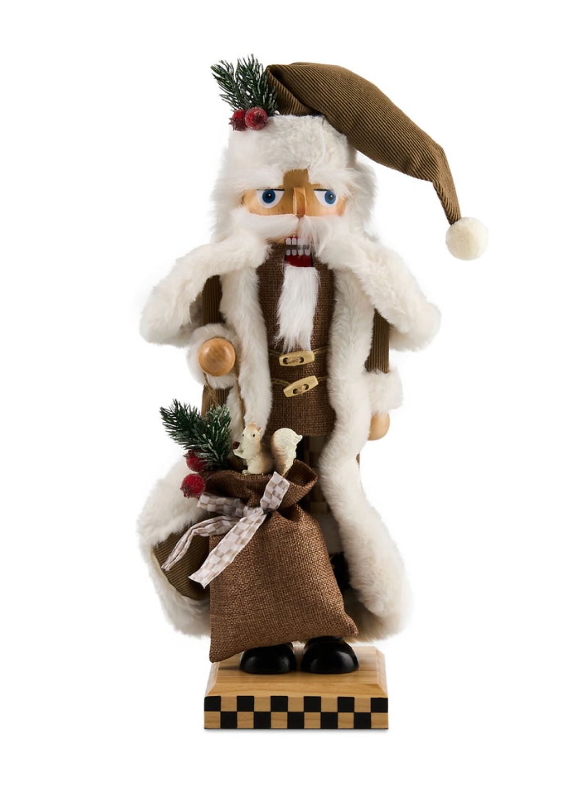 Mocha Check Wood Santa Nutcracker