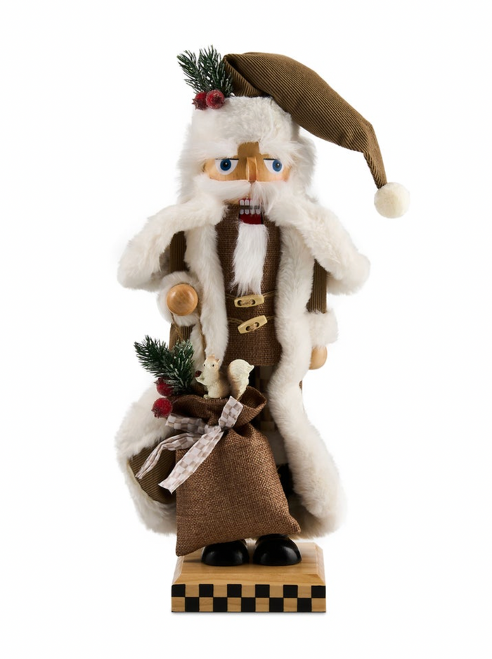 Mocha Check Wood Santa Nutcracker