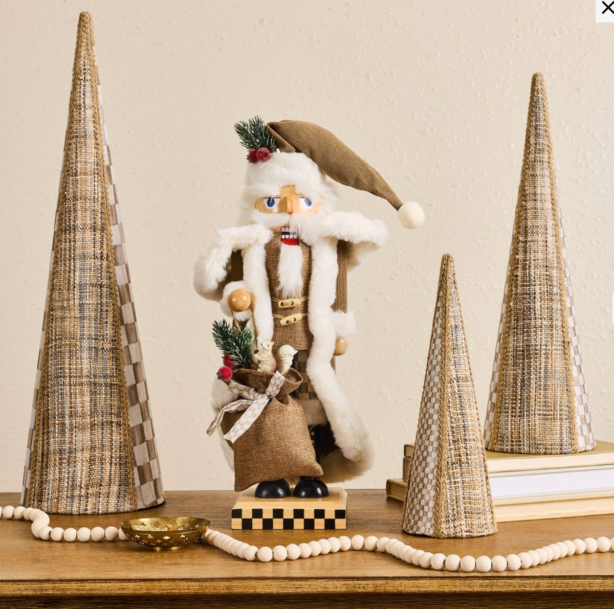 Mocha Check Wood Santa Nutcracker