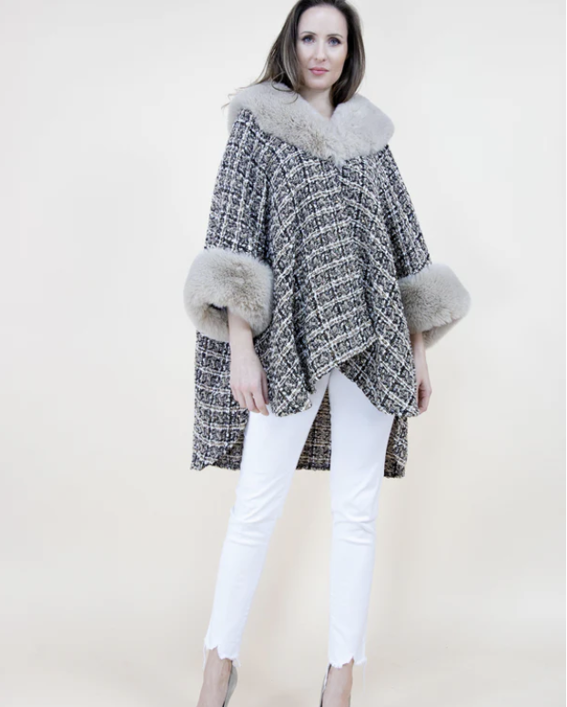 Trimmed Faux Fur Neck and Sleeve Tweed Cape-Beige