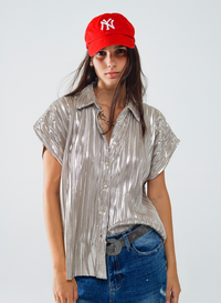 Silver Pleated Shirt With Short Sleeves