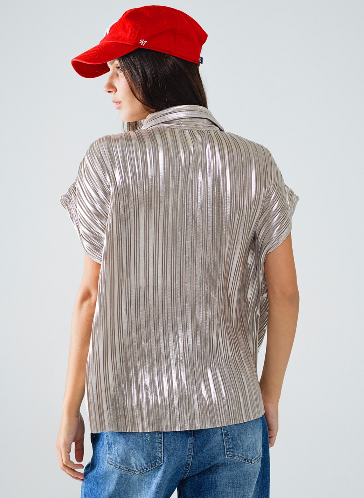 Silver Pleated Shirt With Short Sleeves