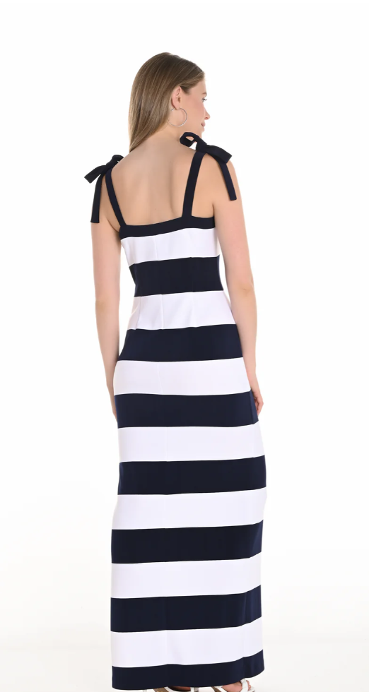 Sleeveless Navy Strip Formal Dress