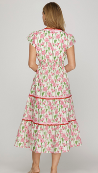 FLORAL PRINT POPLIN WOVEN TIERED DRESS