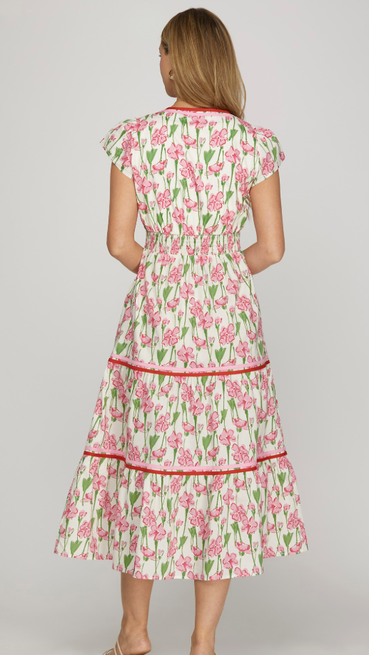 FLORAL PRINT POPLIN WOVEN TIERED DRESS