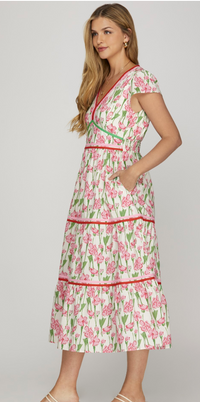 FLORAL PRINT POPLIN WOVEN TIERED DRESS