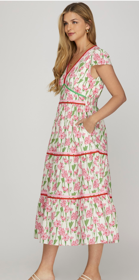 FLORAL PRINT POPLIN WOVEN TIERED DRESS