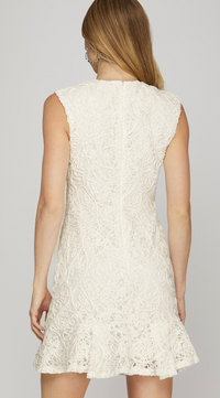 SLEEVELESS SHOULDER PAD V NECK LACE MINI DRESS