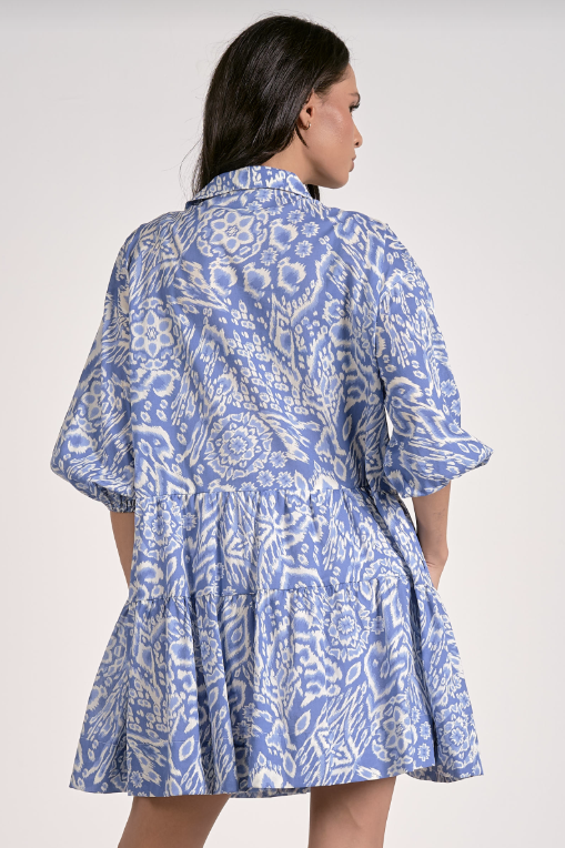 3/4 Sleeve Collared Blue Acorn Print Dress