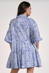 3/4 Sleeve Collared Blue Acorn Print Dress