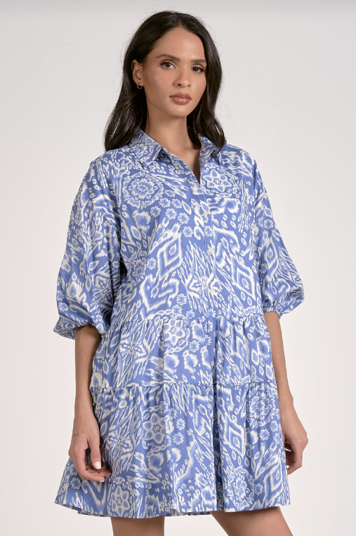 3/4 Sleeve Collared Blue Acorn Print Dress