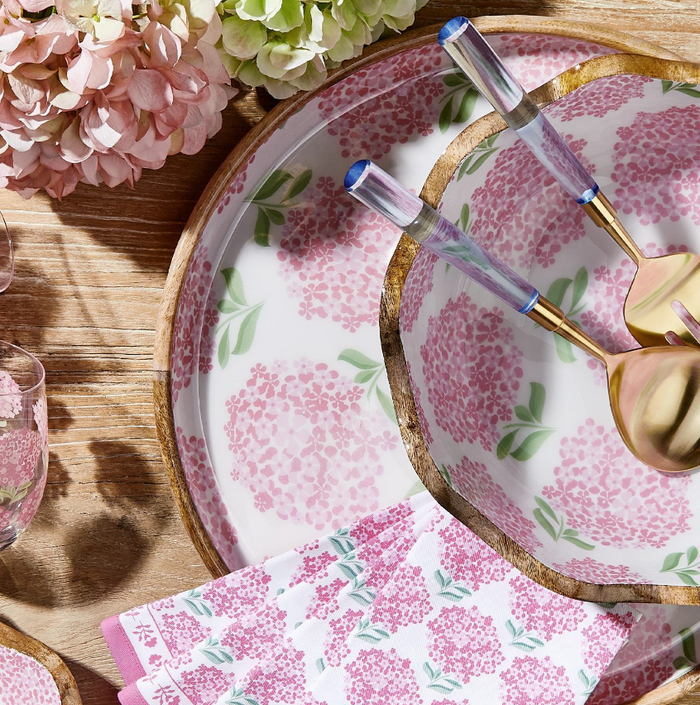 S/2 Pink Hydrangea Hand-Crafted Wood Round Tray
