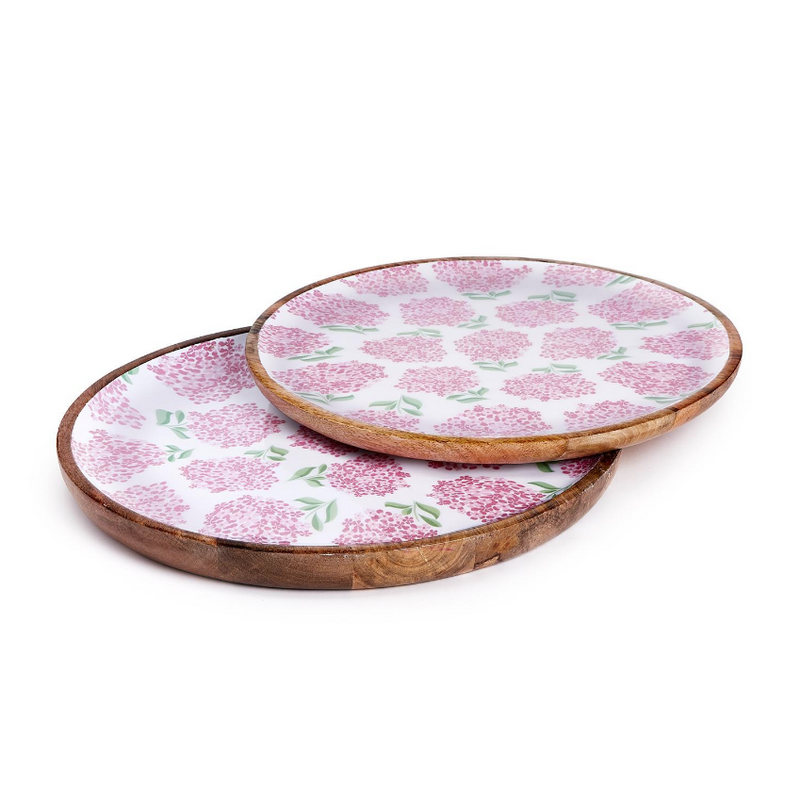 S/2 Pink Hydrangea Hand-Crafted Wood Round Tray
