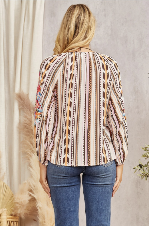 Long Sleeve Print Top With Embroidery