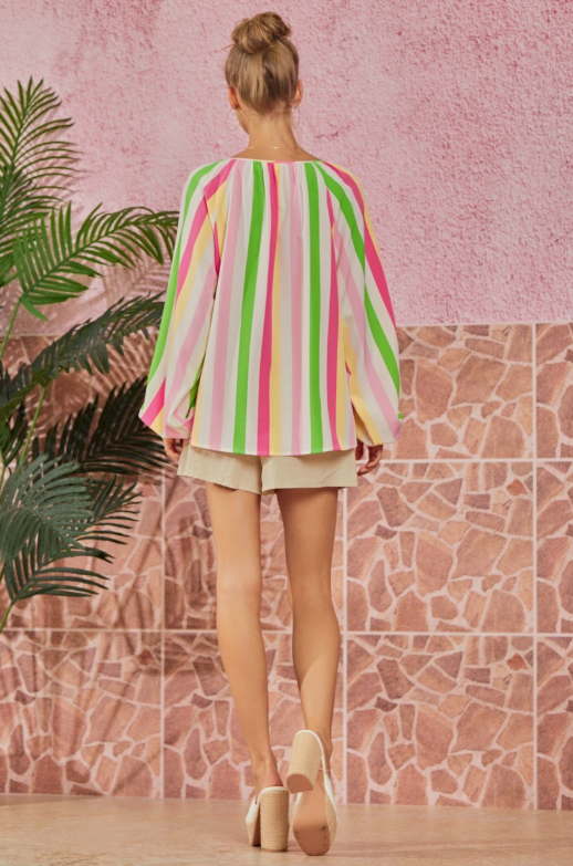 Lightweight Non Sheer Multicolored Striped Tunic Blouse