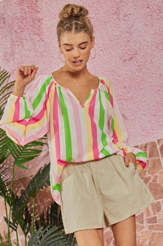 Lightweight Non Sheer Multicolored Striped Tunic Blouse