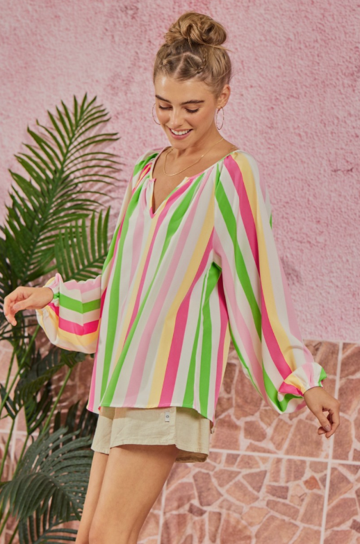 Lightweight Non Sheer Multicolored Striped Tunic Blouse