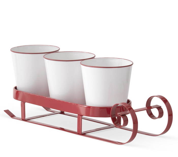 19 Inch Red Metal Sleigh w/Three White Containers