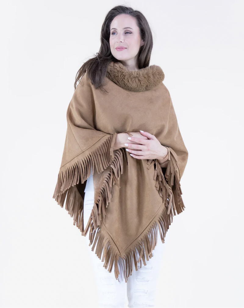 Vegan Suede & Fur Trim Poncho w/Fringe
