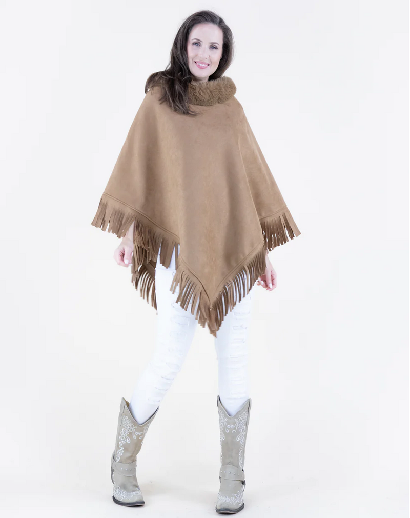 Vegan Suede & Fur Trim Poncho w/Fringe