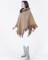 Vegan Suede & Fur Trim Poncho w/Fringe