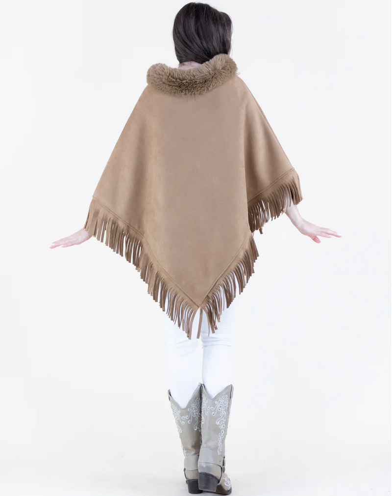 Vegan Suede & Fur Trim Poncho w/Fringe