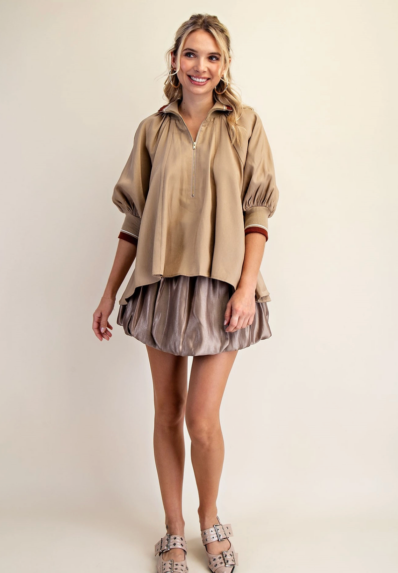 Mock Neck Band Puff Sleeve