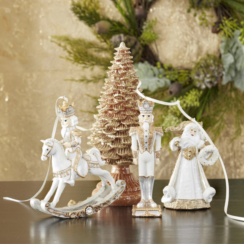6.25 Inch White Gold & Silver Resin Nutcracker On Rocking Horse Orn