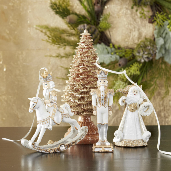 6.25 Inch White Gold & Silver Resin Nutcracker On Rocking Horse Orn